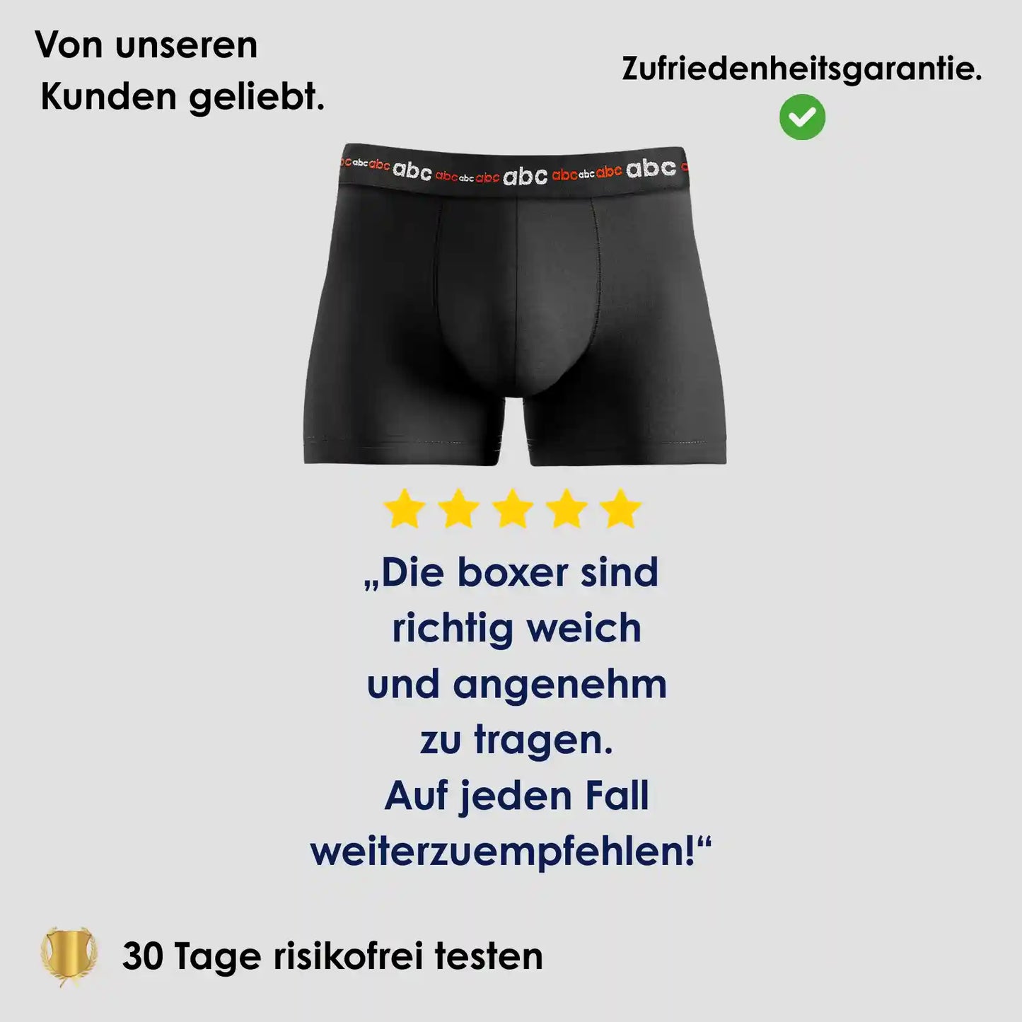 Enge Boxershorts für Herren im 2er-Pack in Schwarz auf neutralem Hintergrund mit 5-Sterne Bewertung und Hinweis auf 30 Tage risikofreies Testen.