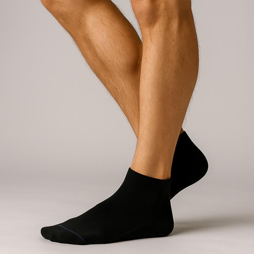 Half Terry Sneaker Herrensocken in Schwarz aus 80% Baumwolle und 20% Elasthan von Cotton Majesty. Getragenes Modell zeigt perfekten Sitz und angenehme Weichheit für Herren im Alltag.