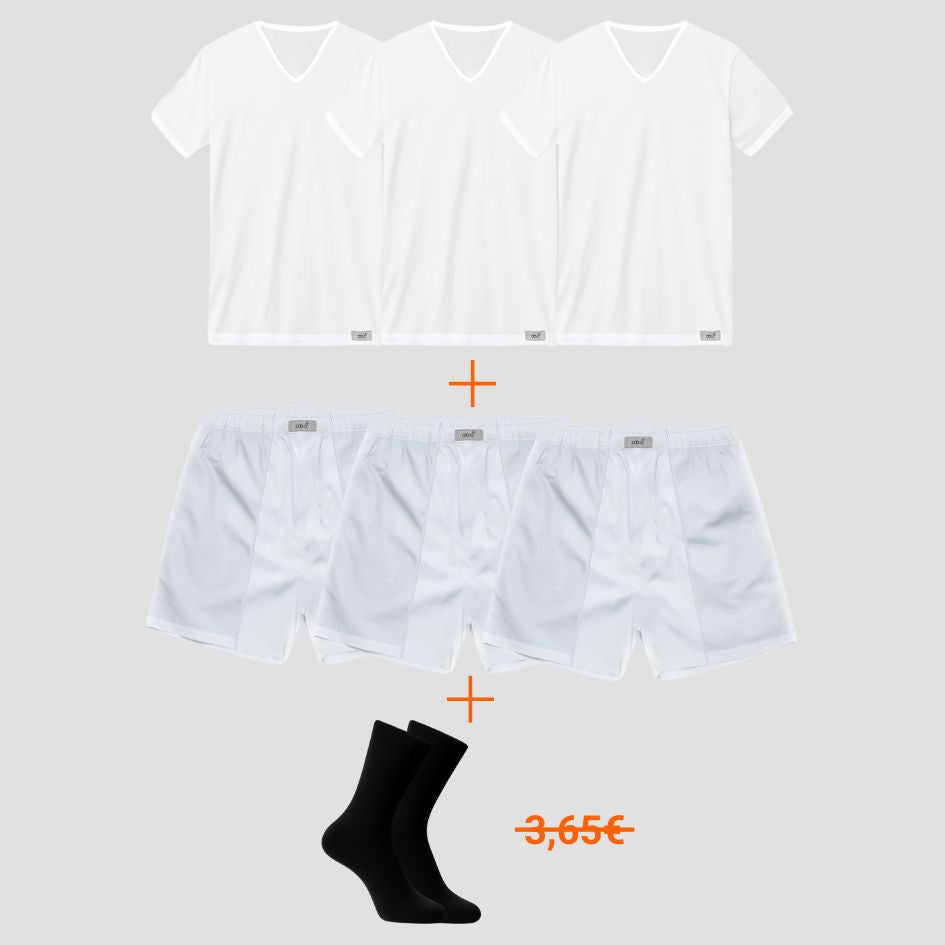 7er-Pack für Herren, 3 Shirts mit V-Ausschnitt, 3 Boxershorts und Gratis-Socken von Cotton Majesty