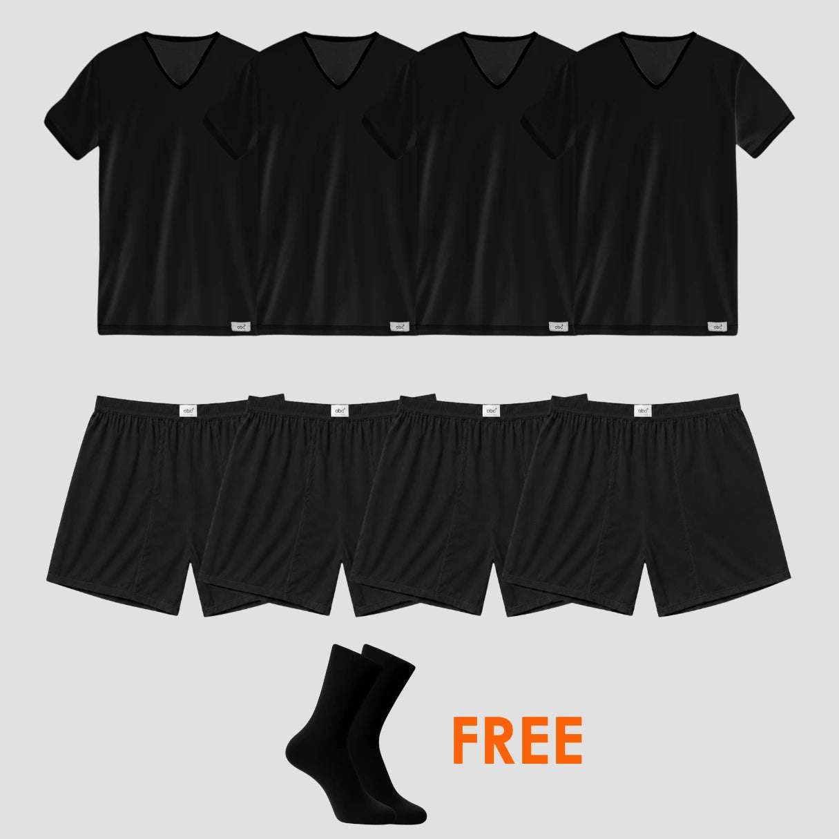 9er-Pack für Herren, 4 Shirts mit V-Ausschnitt, 4 Boxershorts in schwarz und Gratis-Socken von Cotton Majesty