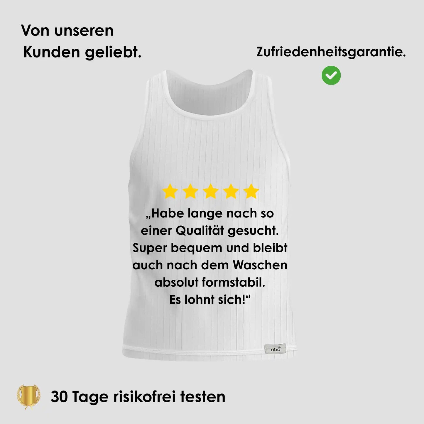 Herren Unterhemd Doppelripp Tanktop in Weiß auf grauem Hintergrund mit 5-Sterne Bewertung und Hinweis auf 30 Tage risikofreies Testen.