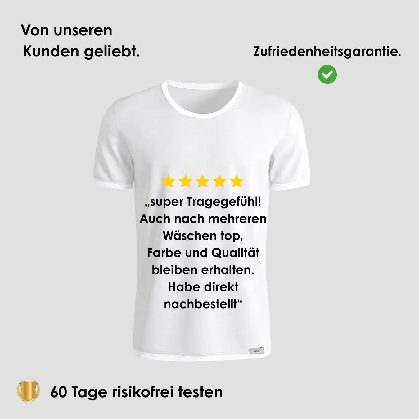 Herren Unterhemd Rundhals in Weiß auf grauem Hintergrund mit 5-Sterne Bewertung und Hinweis auf 60 Tage risikofreies Testen.