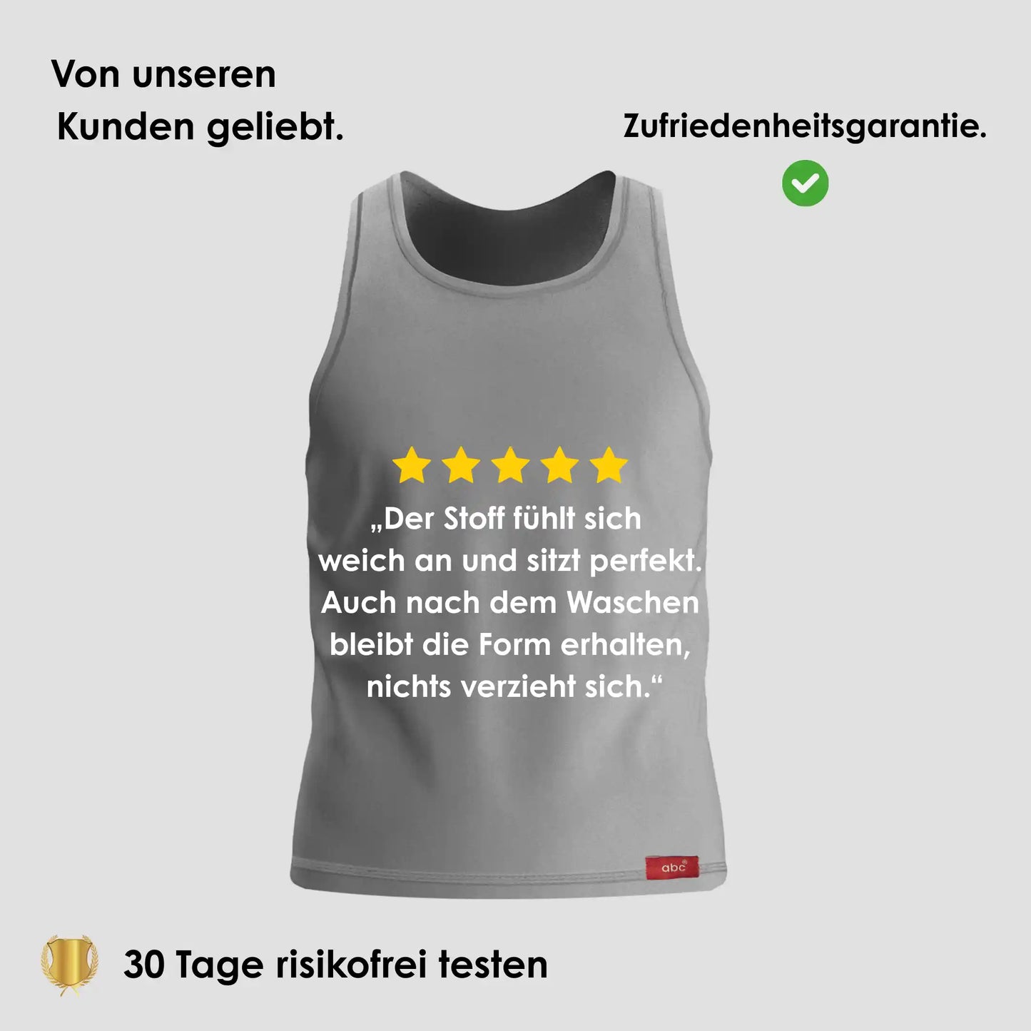 Herren Unterhemd Tanktop in Grau auf grauem Hintergrund mit 5-Sterne Bewertung und Hinweis auf 30 Tage risikofreies Testen.