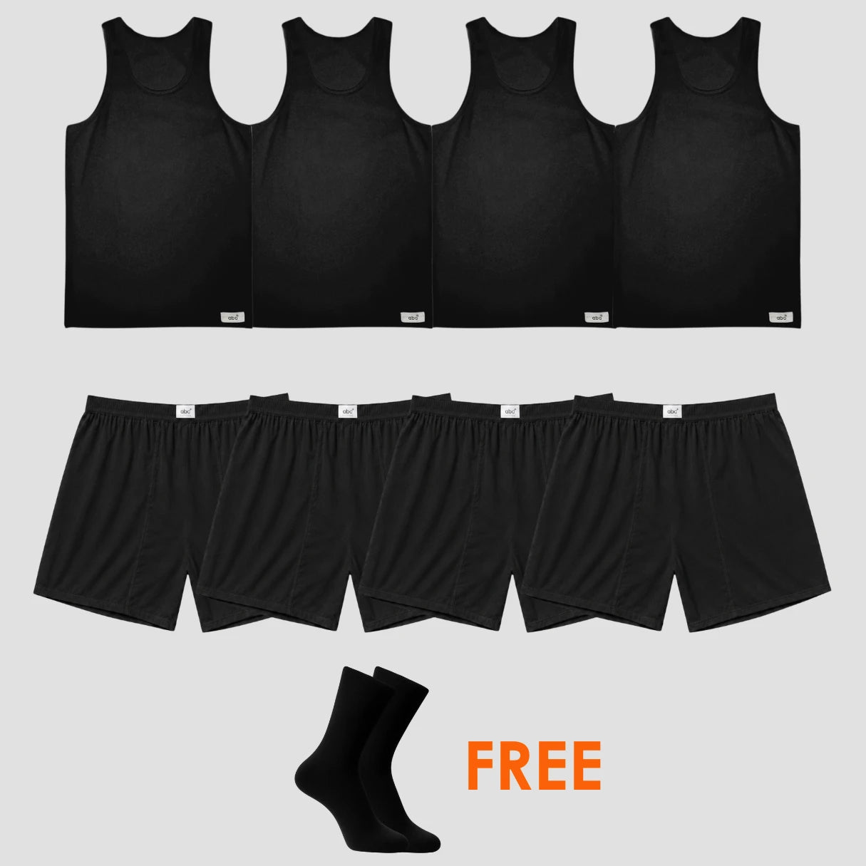 9er-Pack für Herren, 4 unterhemden , 4 Boxershorts in schwarz und Gratis-Socken von Cotton Majesty