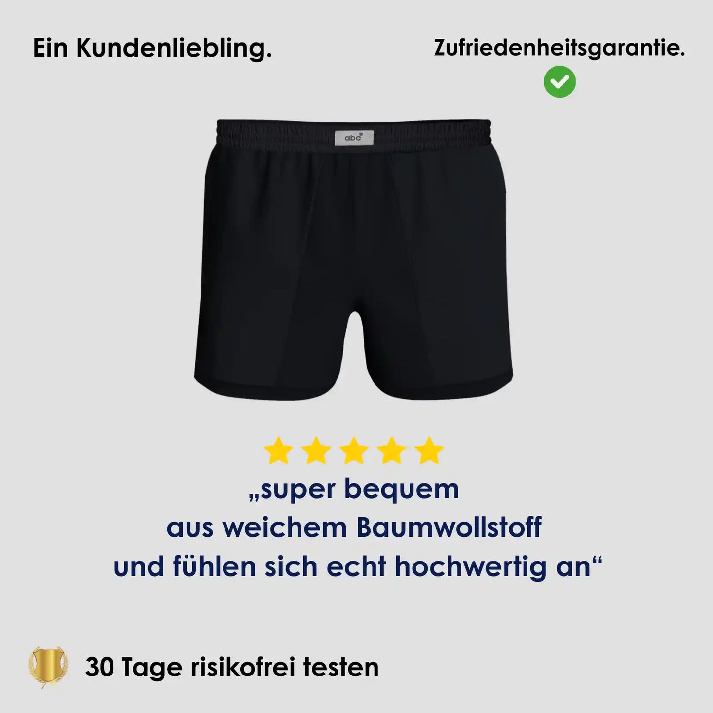 Weite Boxershorts für Herren im 2er-Pack in Schwarz auf hellem Hintergrund mit 5-Sterne Bewertung und Hinweis auf 30 Tage risikofreies Testen.