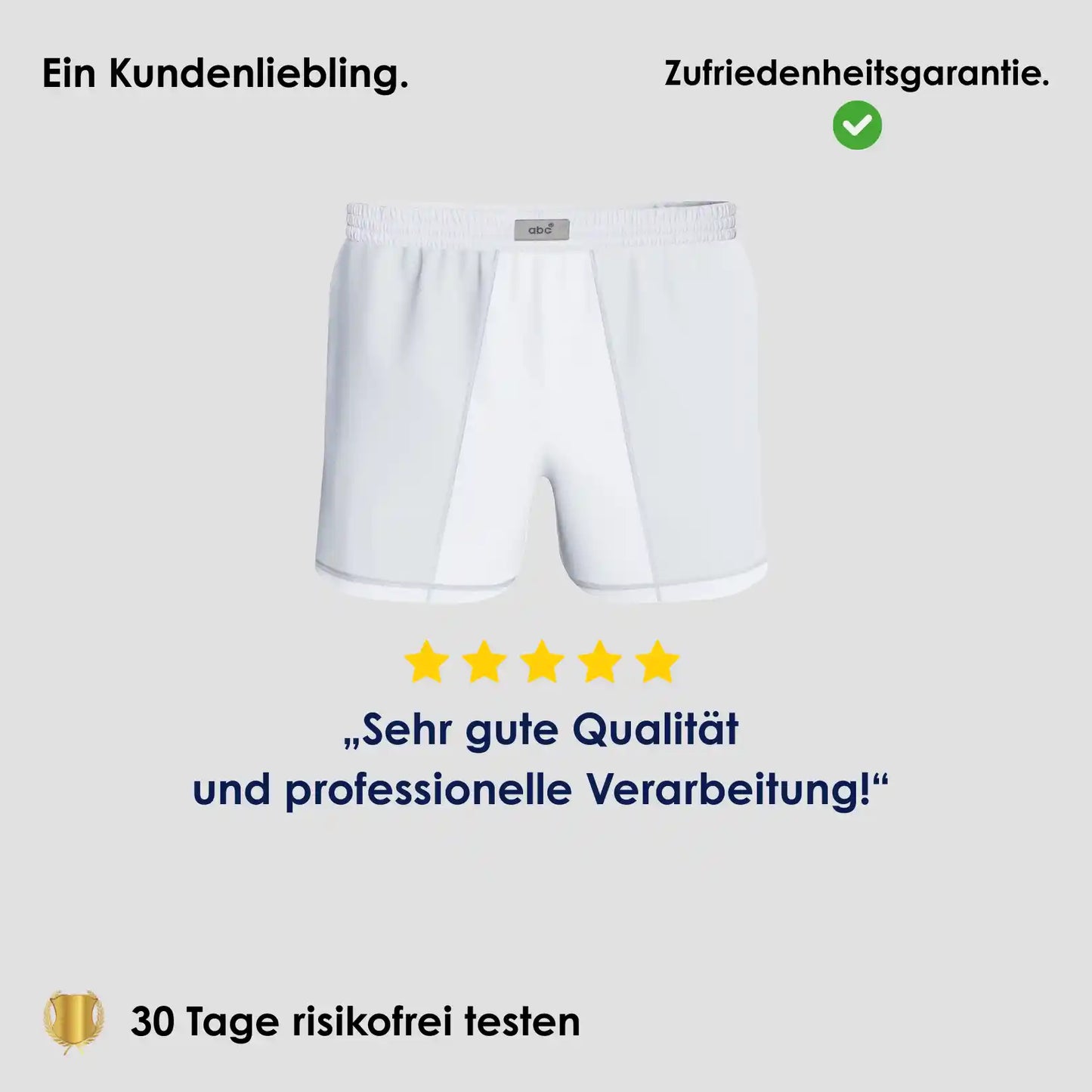 Weite Boxershorts für Herren im 2er-Pack in Weiß auf grauem Hintergrund mit 5-Sterne Bewertung und Hinweis auf 30 Tage risikofreies Testen.