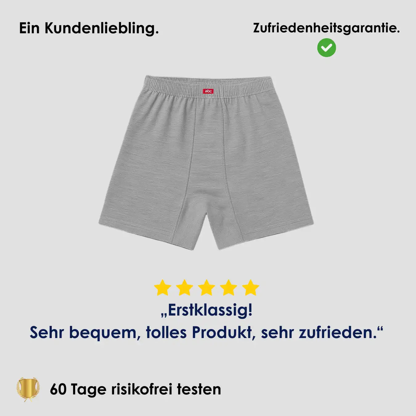 Weite Boxershorts für Herren in Grau mit elastischem Bund als Kundenliebling, 5-Sterne-Bewertung und Hinweis auf 60 Tage risikofreies Testen.