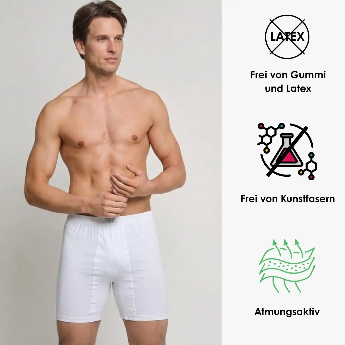 Mann trägt weiße Herren-Boxershorts aus 100% Baumwolle – frei von Gummi/Latex und Kunstfasern, atmungsaktiv (Cotton Majesty)