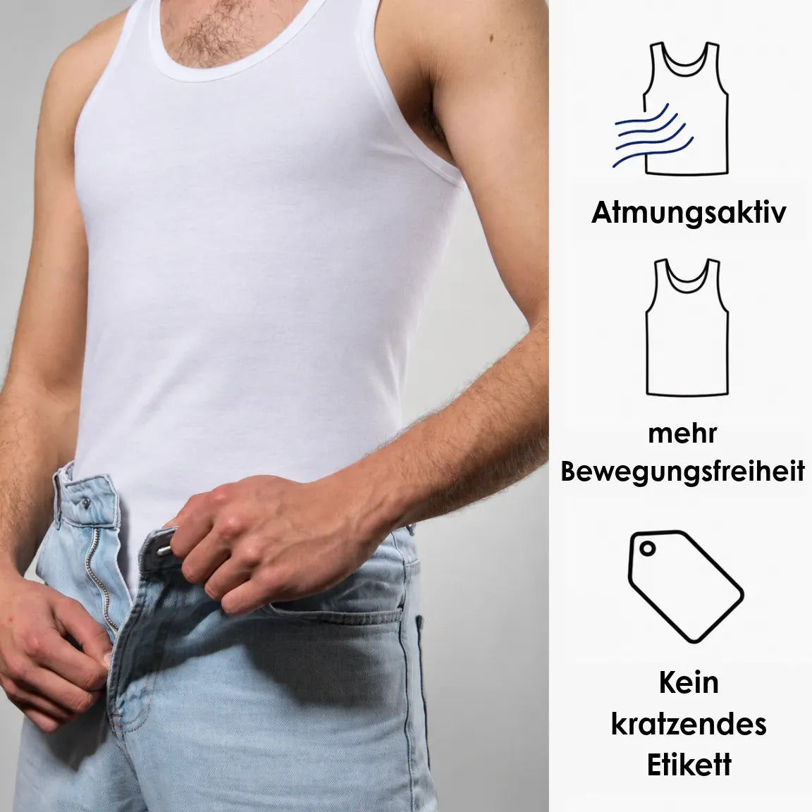 Mann trägt ein weißes Herren-Tanktop von Cotton Majesty aus Baumwolle – atmungsaktiv, mit viel Bewegungsfreiheit und ohne kratzendes Etikett.