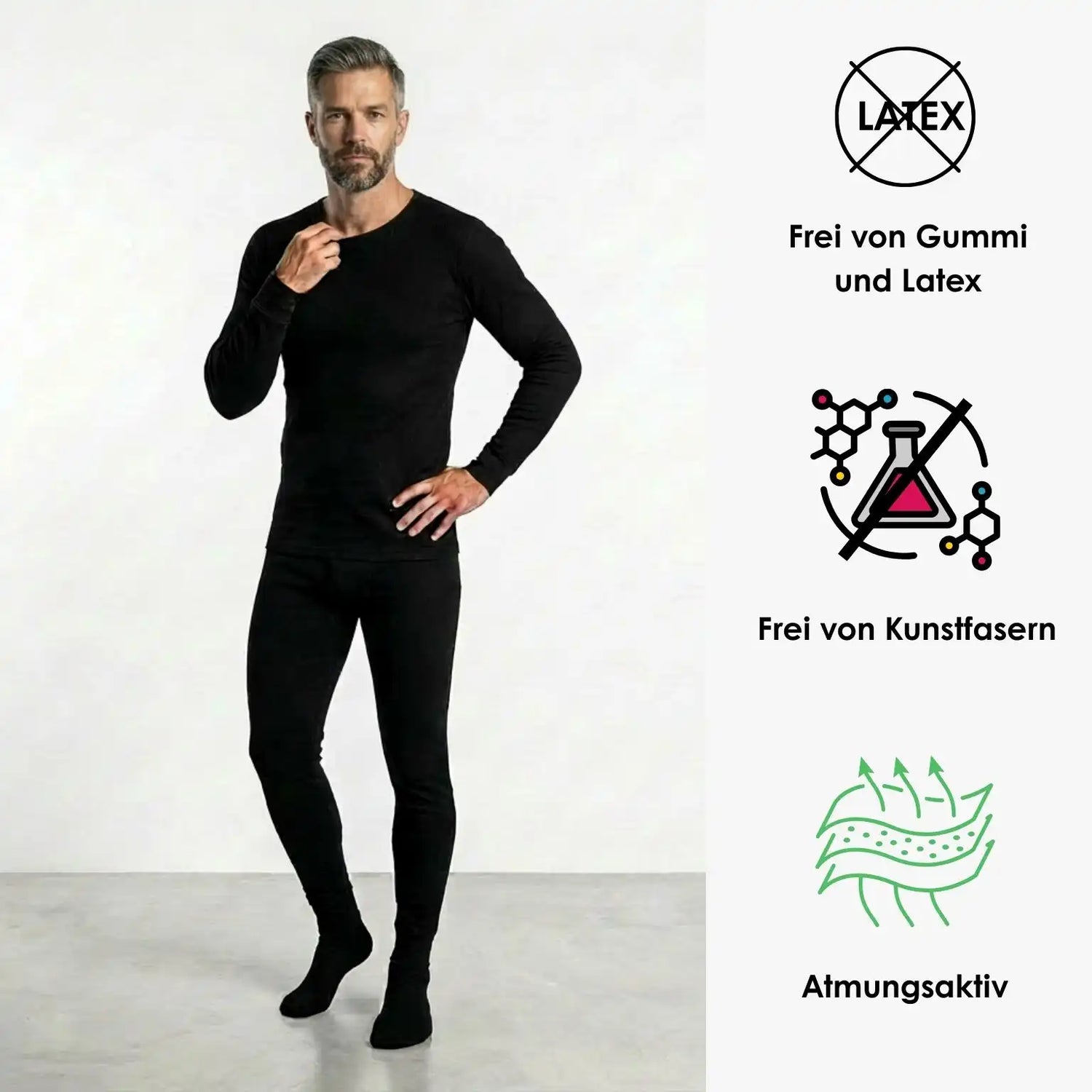 Mann trägt schwarzes Herren-Thermowäsche-Set aus 100% Baumwolle – frei von Gummi/Latex und Kunstfasern, atmungsaktiv (Cotton Majesty)
