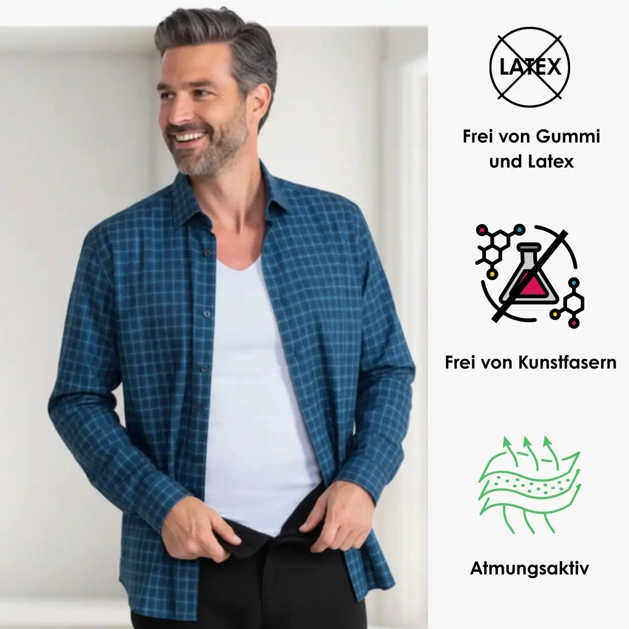 Mann trägt Herren-Unterhemd aus 100% Baumwolle – frei von Gummi/Latex und Kunstfasern, atmungsaktiv (Cotton Majesty)