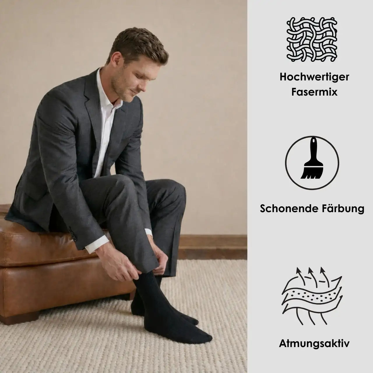 Mann zieht Herrensocken an – hochwertiger Fasermix, schonende Färbung und atmungsaktiv (Cotton Majesty)