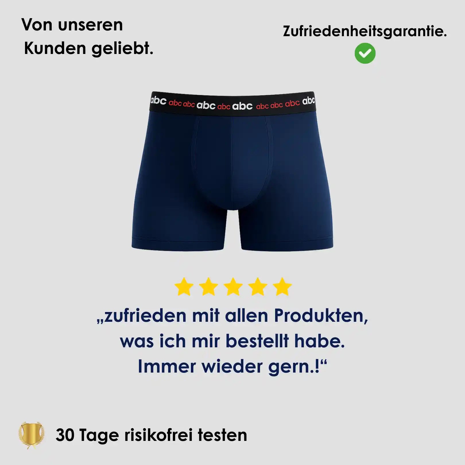 Enge Boxershorts für Herren im 2er-Pack in Blau auf neutralem Hintergrund mit 5-Sterne Bewertung und Hinweis auf 30 Tage risikofreies Testen.