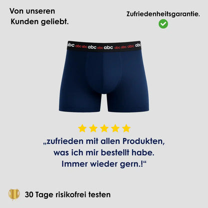 Enge Boxershorts für Herren im 2er-Pack in Blau auf neutralem Hintergrund mit 5-Sterne Bewertung und Hinweis auf 30 Tage risikofreies Testen.
