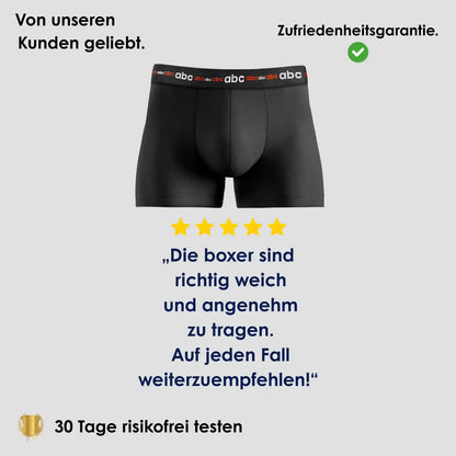 Enge Boxershorts für Herren im 2er-Pack in Schwarz auf neutralem Hintergrund mit 5-Sterne Bewertung und Hinweis auf 30 Tage risikofreies Testen.