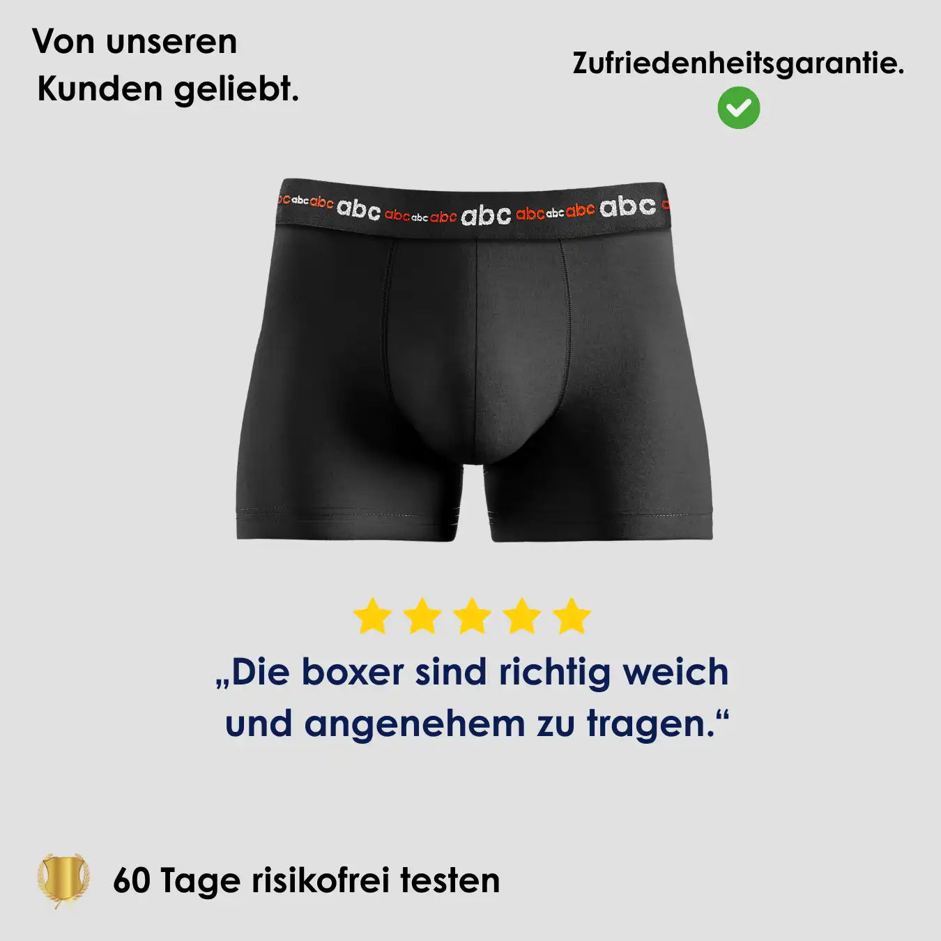 Enge Boxershorts für Herren im 2er-Pack in Schwarz auf neutralem Hintergrund mit 5-Sterne Bewertung und Hinweis auf 60 Tage risikofreies Testen.