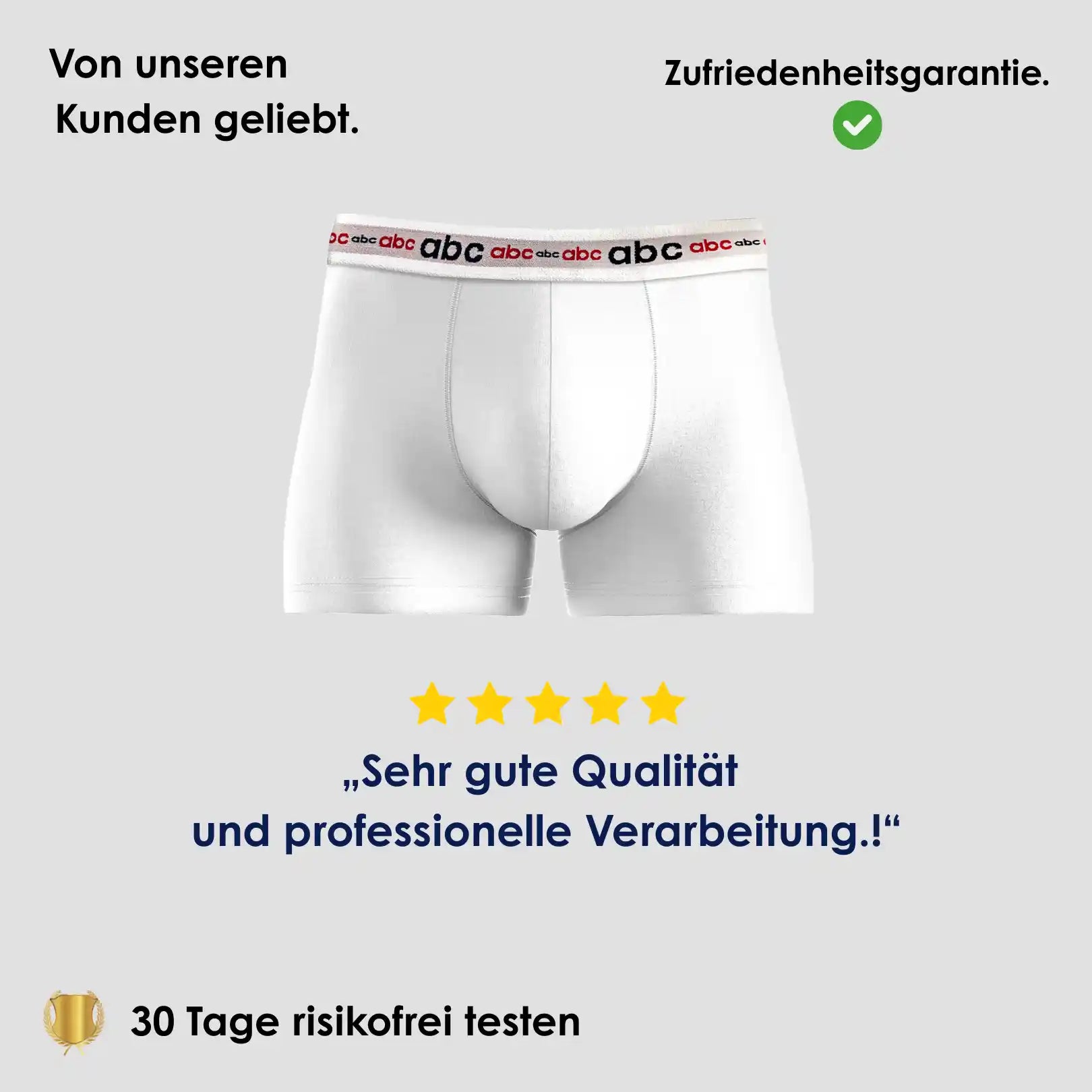 Enge Boxershorts für Herren im 2er-Pack in Weiß auf neutralem Hintergrund mit 5-Sterne Bewertung und Hinweis auf 30 Tage risikofreies Testen.