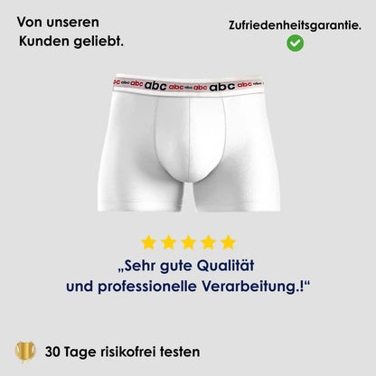 Enge Boxershorts für Herren im 2er-Pack in Weiß auf neutralem Hintergrund mit 5-Sterne Bewertung und Hinweis auf 30 Tage risikofreies Testen.