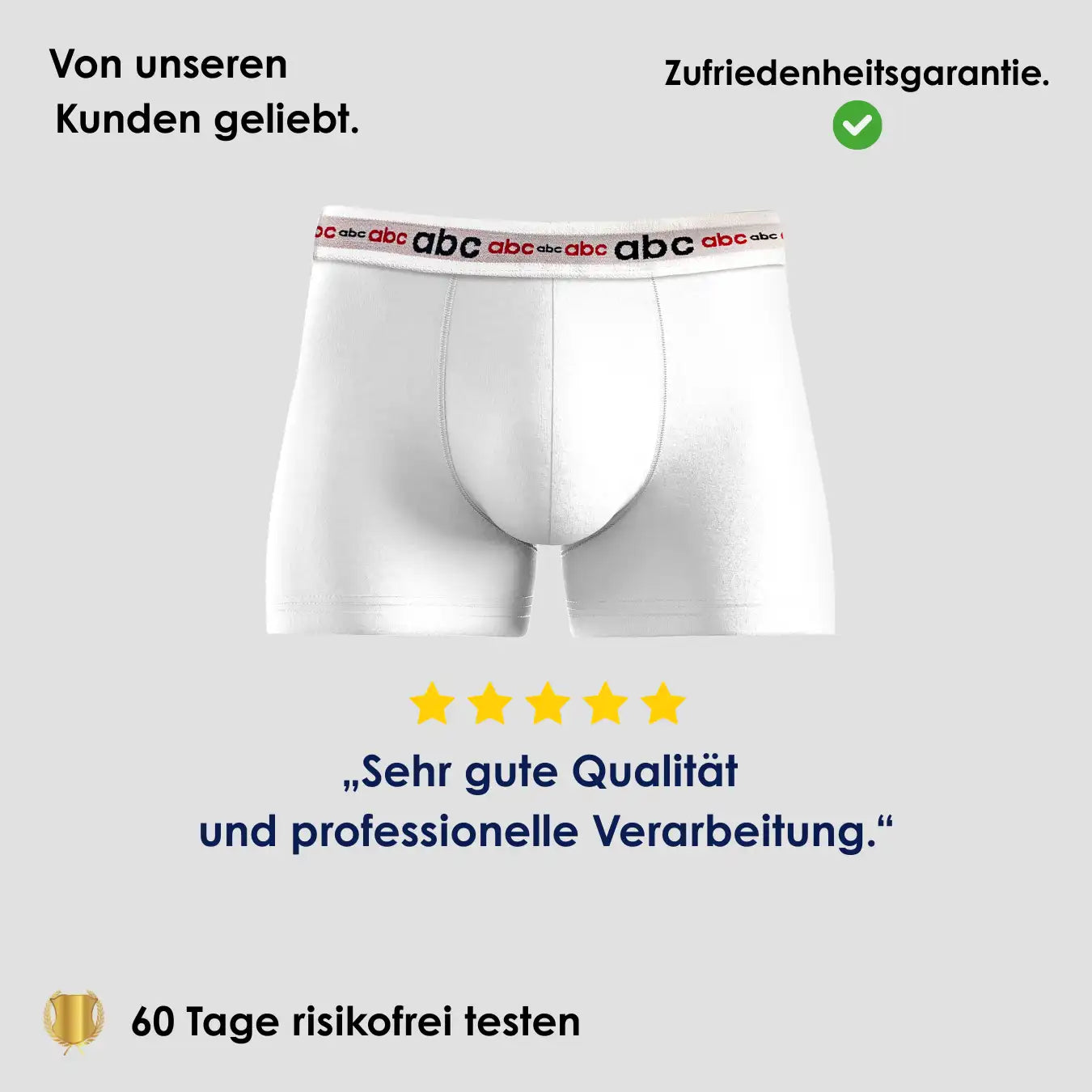 Enge Boxershorts für Herren im 2er-Pack in Weiß auf neutralem Hintergrund mit 5-Sterne Bewertung und Hinweis auf 60 Tage risikofreies Testen.