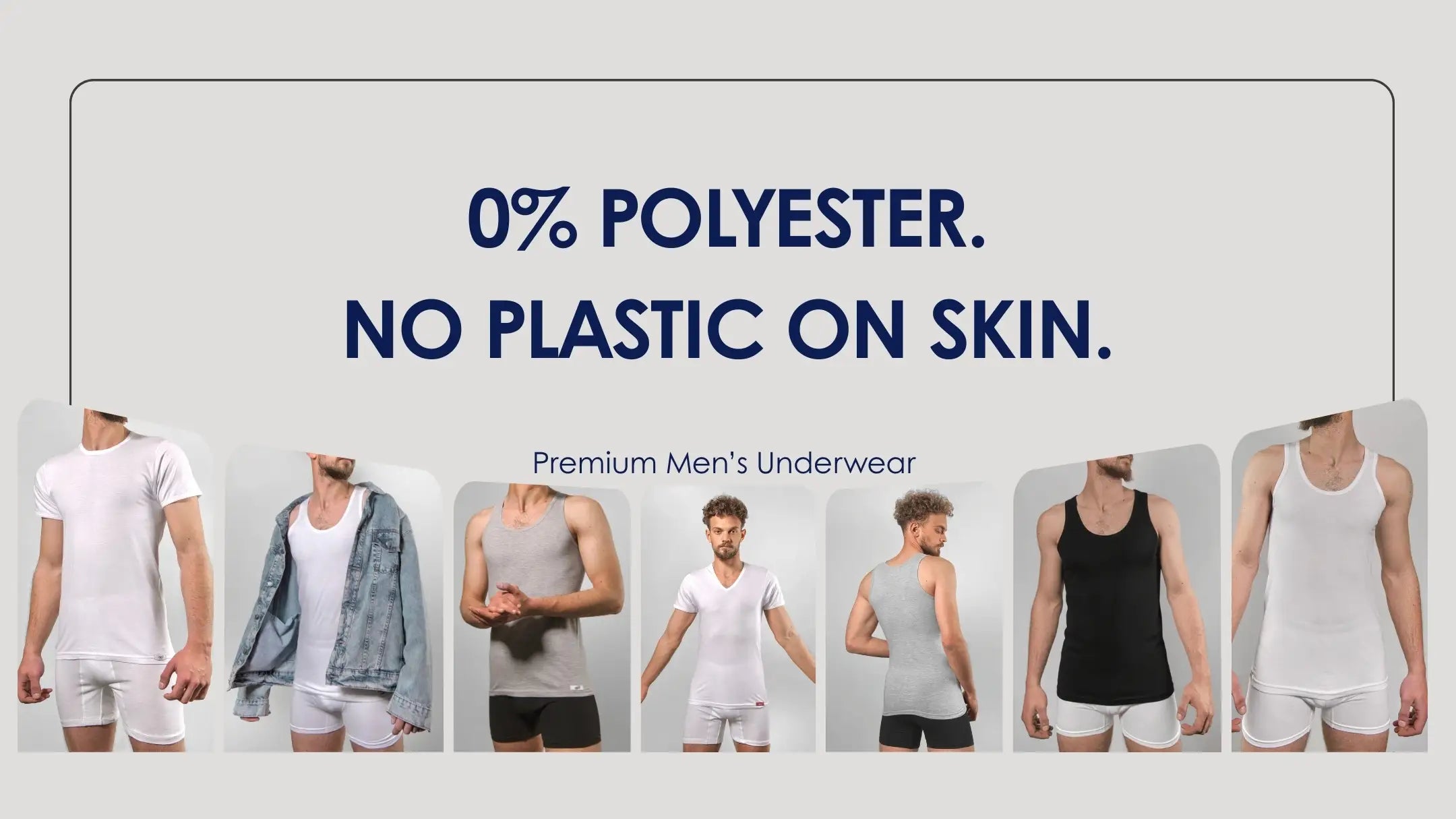 Männer in weißer und schwarzer Baumwoll-Unterwäsche mit dem Schriftzug ‚0 % Polyester – kein Plastik auf der Haut‘, Cotton Majesty Herrenunterwäsche.