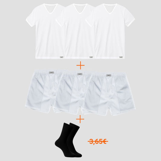 7er-Pack für Herren, 3 Shirts mit V-Ausschnitt, 3 Boxershorts und Gratis-Socken von Cotton Majesty