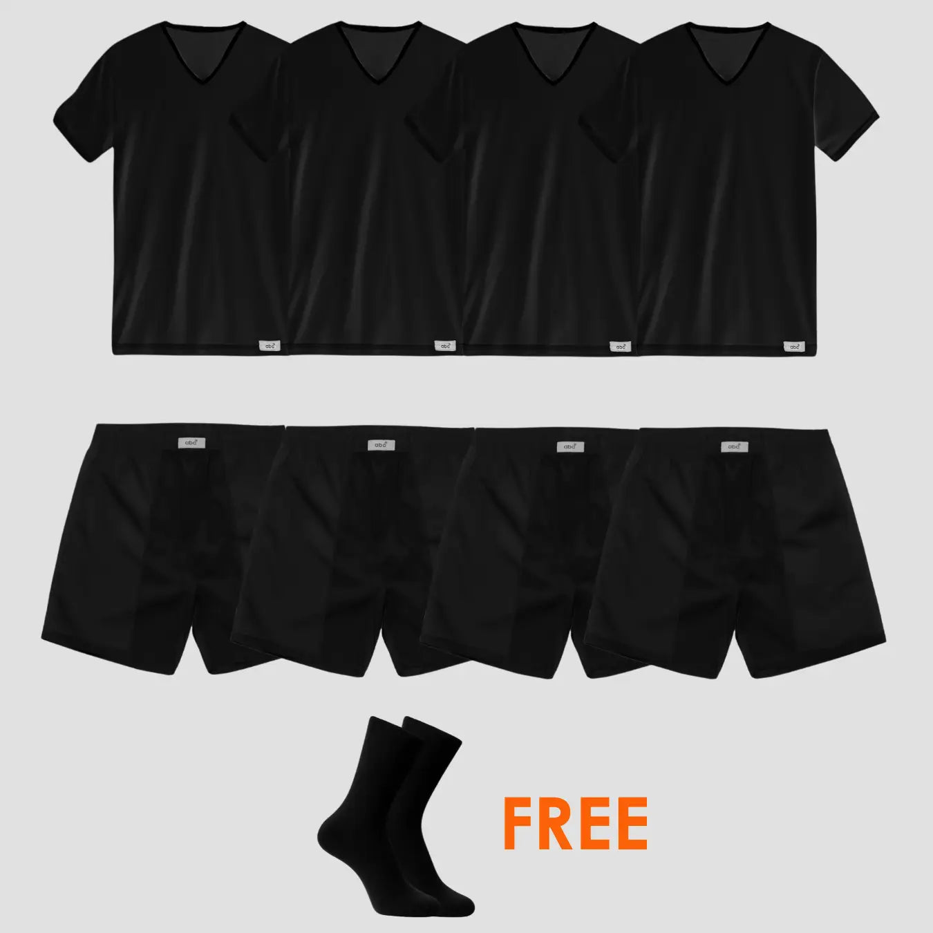 9er-Pack für Herren, 4 Shirts mit V-Ausschnitt, 4 Boxershorts in schwarz und Gratis-Socken von Cotton Majesty