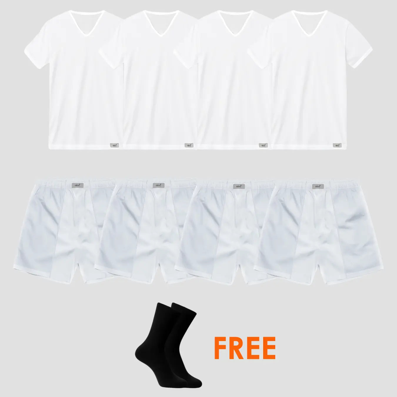 9er-Pack für Herren, 4 Shirts mit V-Ausschnitt, 4 Boxershorts in weiss und Gratis-Socken von Cotton Majesty