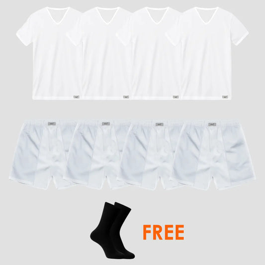 9er-Pack für Herren, 4 Shirts mit V-Ausschnitt, 4 Boxershorts in weiss und Gratis-Socken von Cotton Majesty