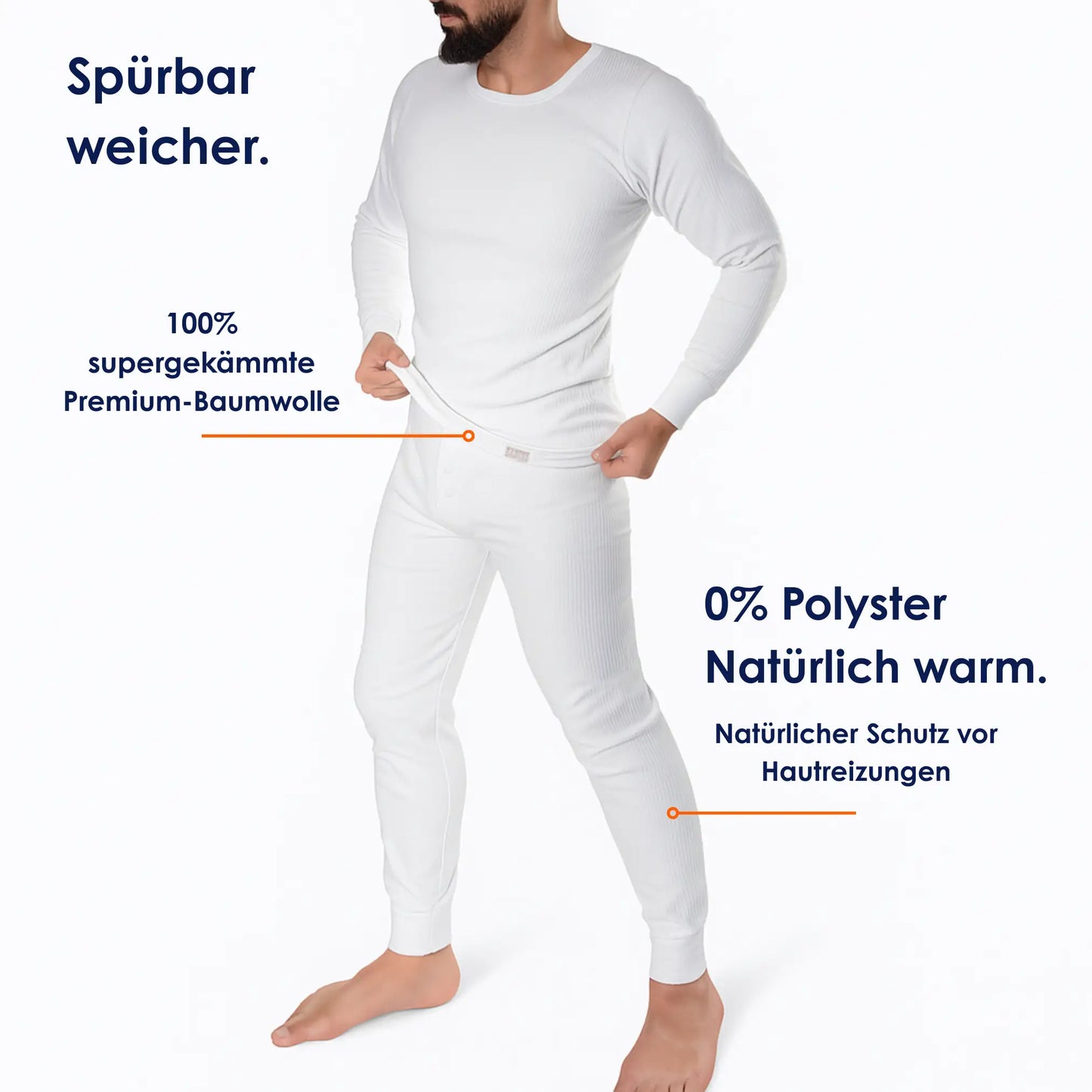 Mann trägt weißes Herren Thermounterwäsche Set aus 100 % Baumwolle ohne Polyester von Cotton Majesty, Ganzkörperansicht im Stehen.