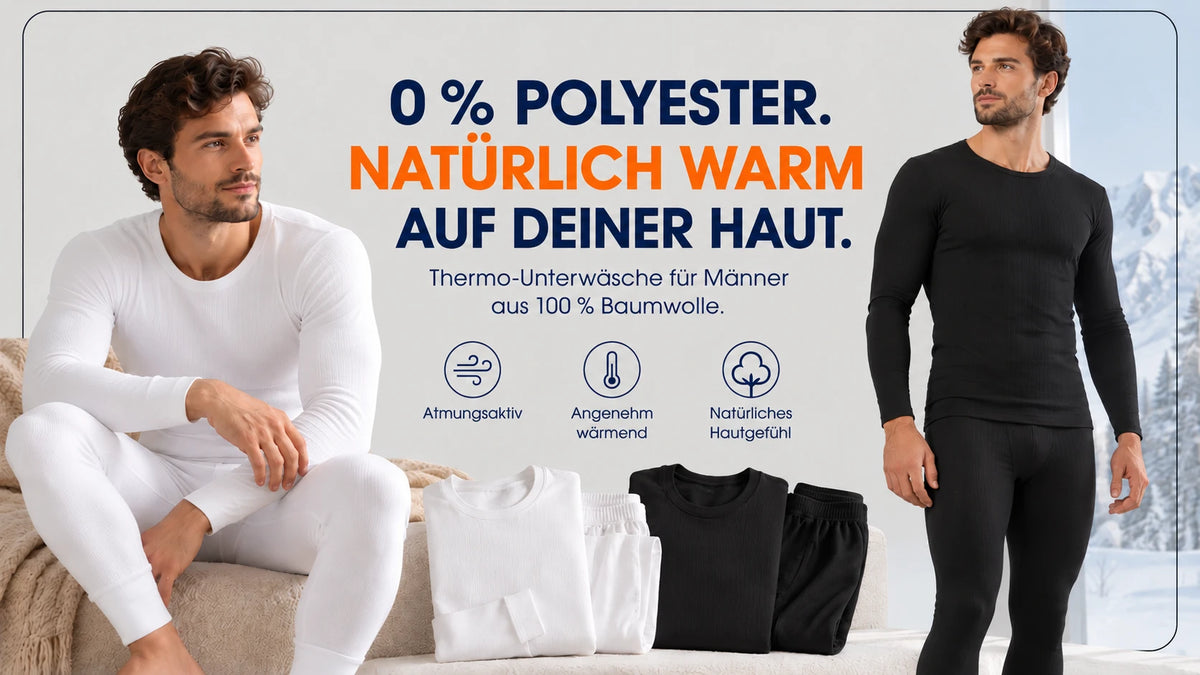 Herren-Thermounterwäsche aus 100 % Baumwolle in Schwarz und Weiß mit atmungsaktivem, angenehm wärmendem Tragekomfort