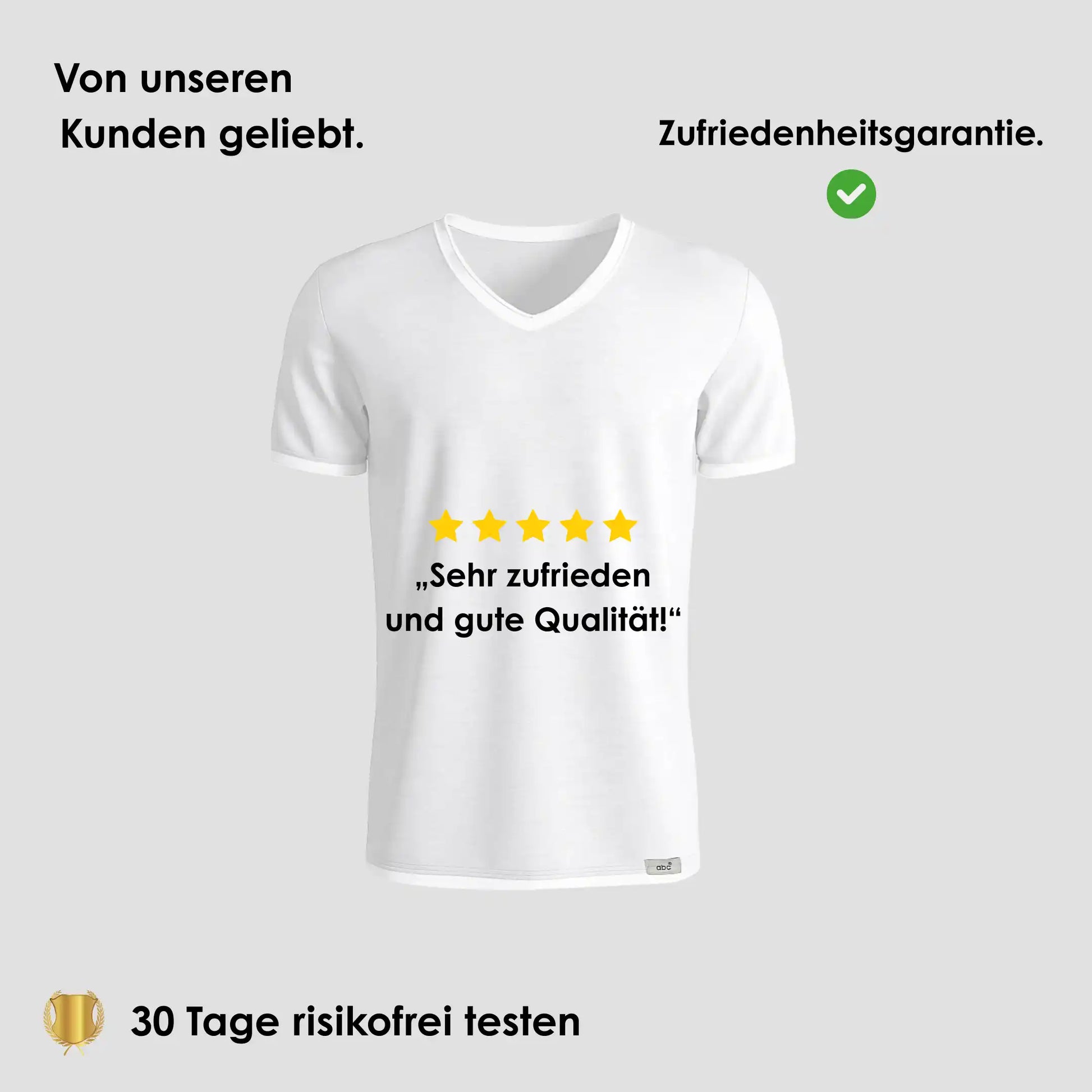 Herren unterhemd V-Ausschnitt in weiss auf grauem Hintergrund mit 5-Sterne Bewertung und Hinweis auf 30 Tage risikofreies Testen.