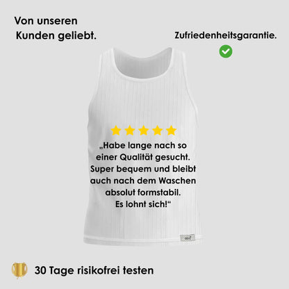 Herren Unterhemd Doppelripp Tanktop in Weiß auf grauem Hintergrund mit 5-Sterne Bewertung und Hinweis auf 30 Tage risikofreies Testen.