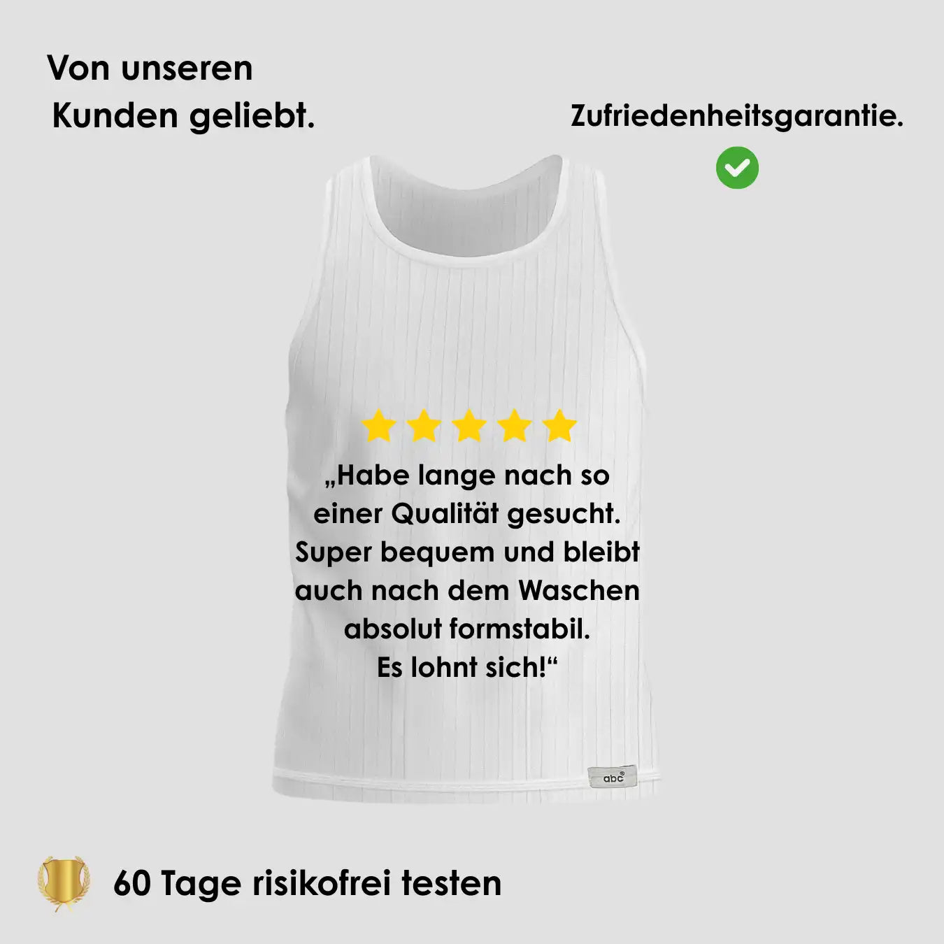 Herren Unterhemd Doppelripp Tanktop in Weiß auf grauem Hintergrund mit 5-Sterne Bewertung und Hinweis auf 60 Tage risikofreies Testen.