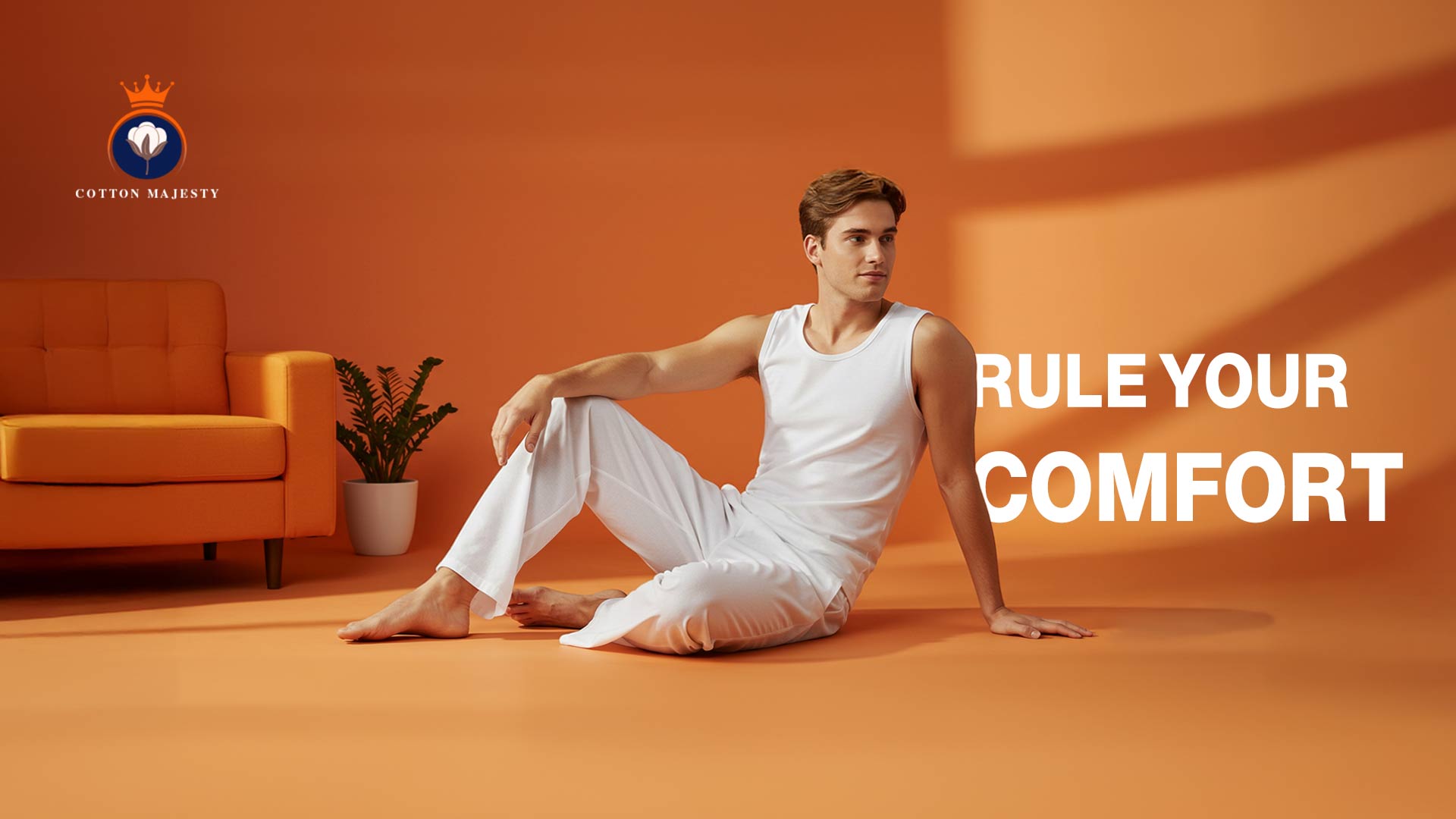 Mann trägt weißes Herren Unterhemd, Komfort-Style mit Herren Boxershorts – Slogan Rule Your Comfort