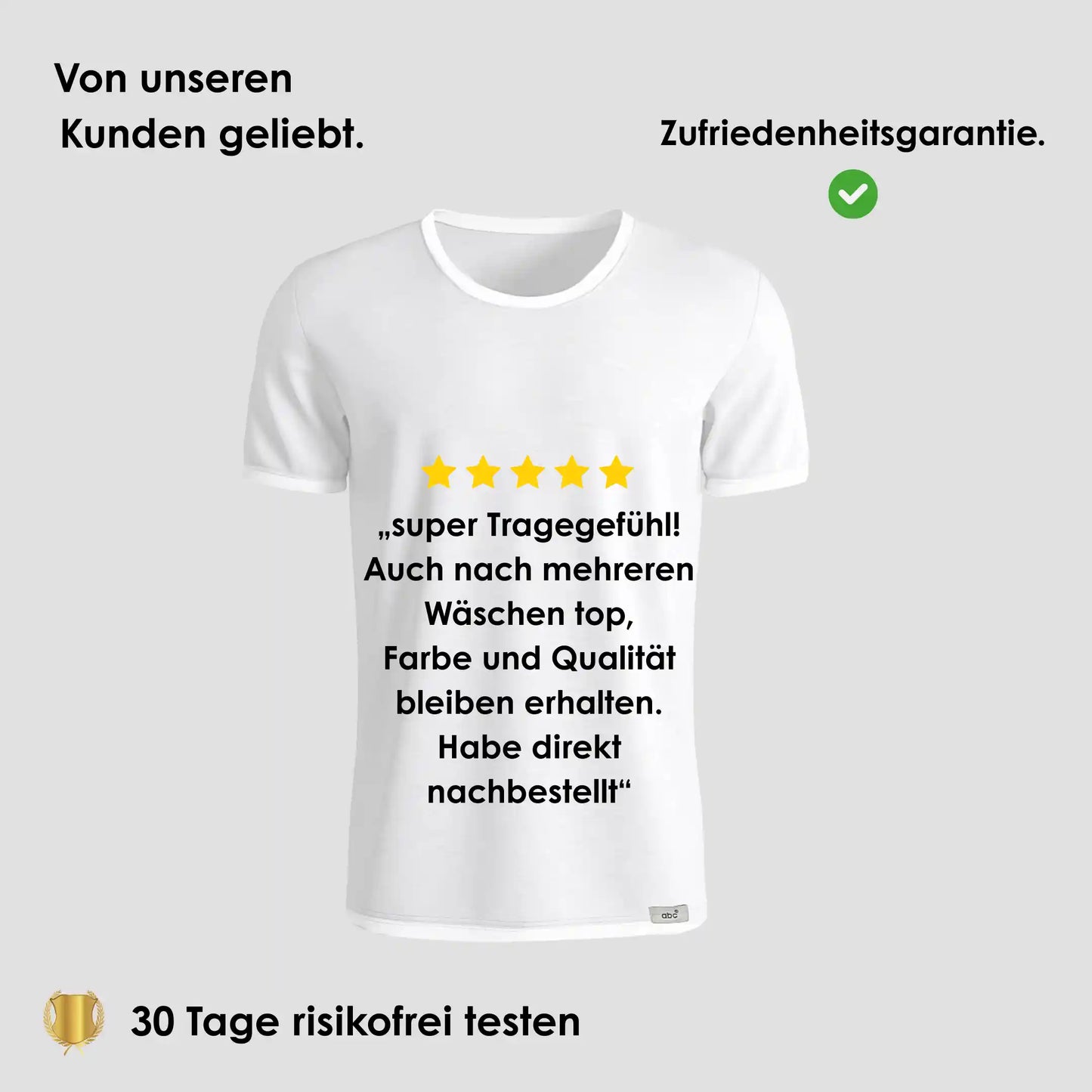 Herren Unterhemd Rundhals in Weiß auf grauem Hintergrund mit 5-Sterne Bewertung und Hinweis auf 30 Tage risikofreies Testen.
