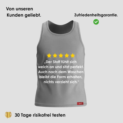 Herren Unterhemd Tanktop in Grau auf grauem Hintergrund mit 5-Sterne Bewertung und Hinweis auf 30 Tage risikofreies Testen.
