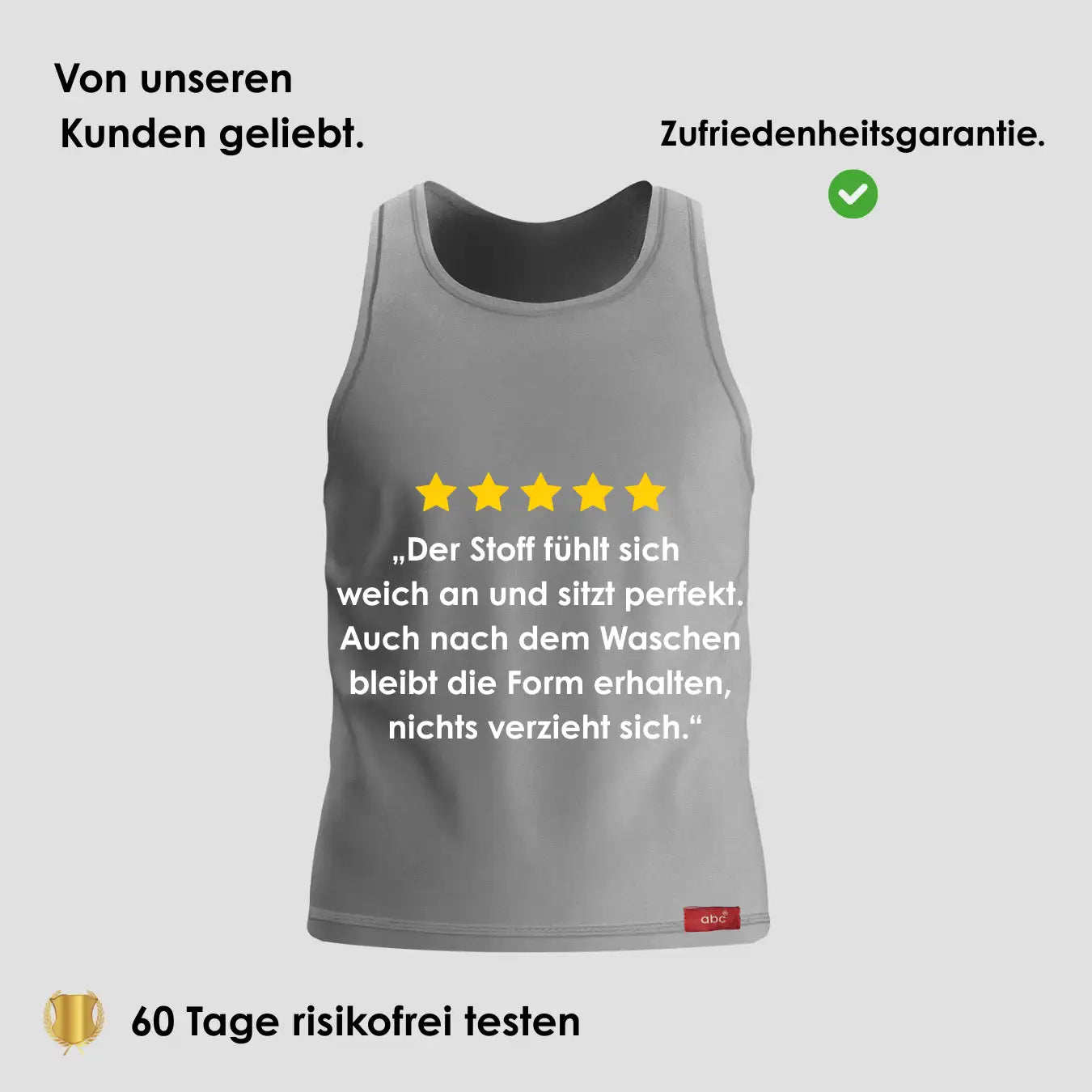 Herren Unterhemd Tanktop in Grau auf grauem Hintergrund mit 5-Sterne Bewertung und Hinweis auf 60 Tage risikofreies Testen.