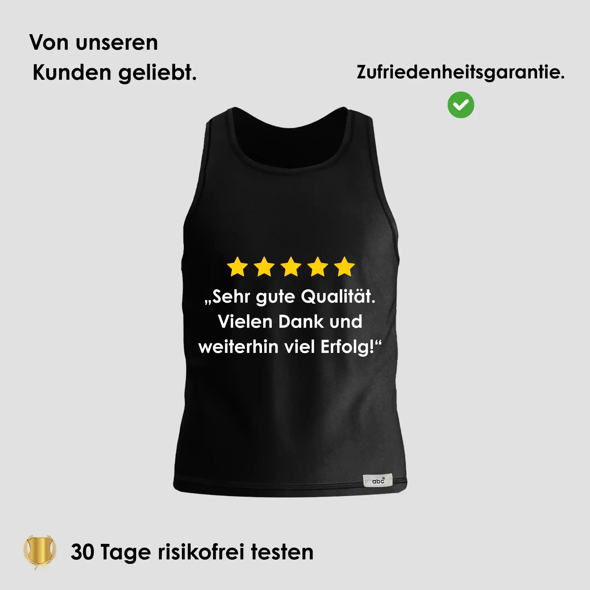 Herren Unterhemd Tanktop in Schwarz auf grauem Hintergrund mit 5-Sterne Bewertung und Hinweis auf 30 Tage risikofreies Testen.