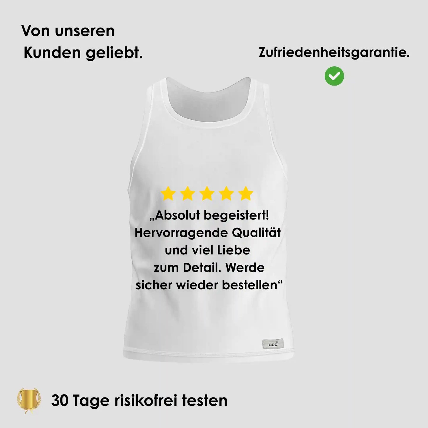 Herren Unterhemd Tanktop in Weiß mit 5-Sterne Bewertung und Hinweis auf 30 Tage risikofreies Testen.