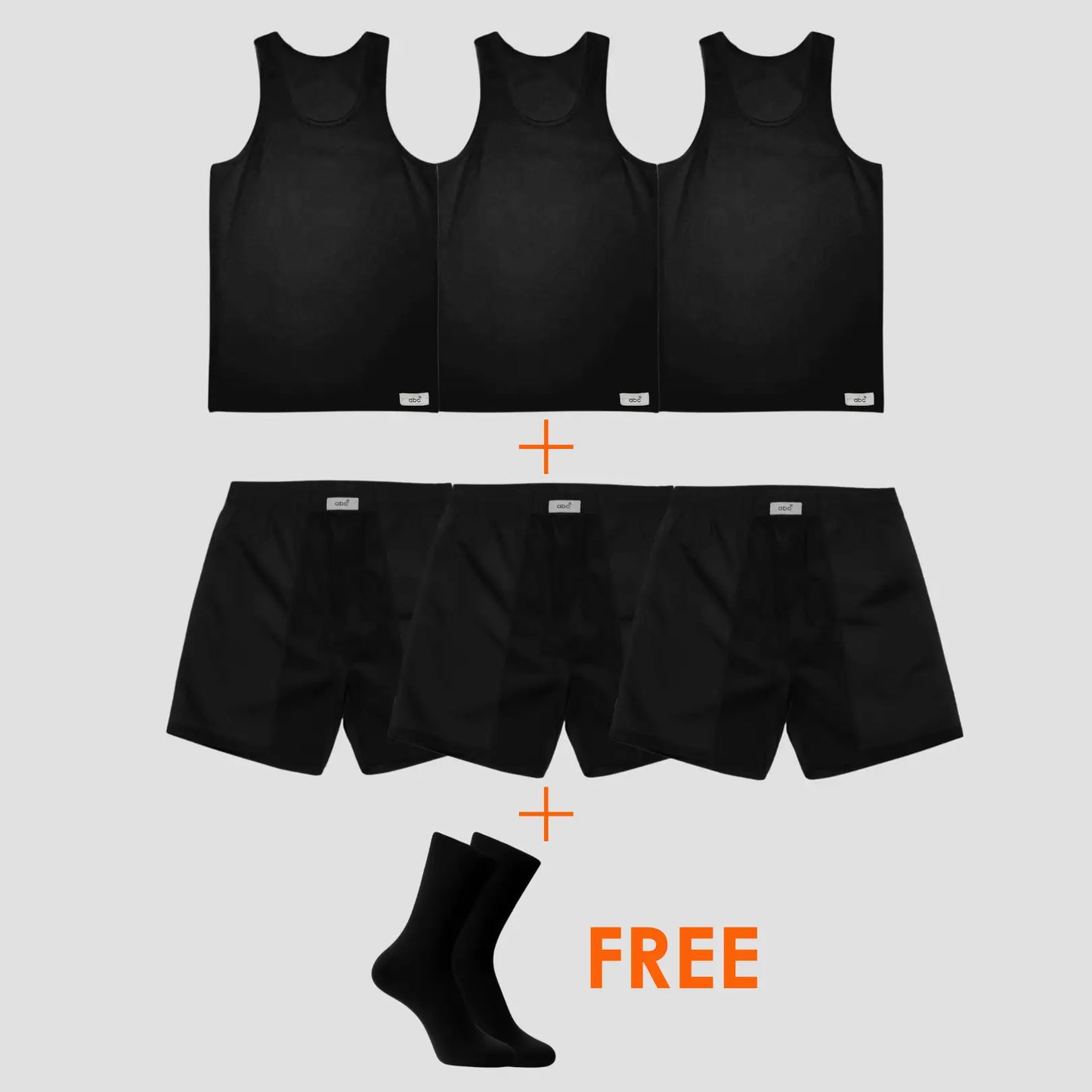 7er-Pack für Herren, 3 unterhemden , 3 Boxershorts in schwarz und Gratis-Socken von Cotton Majesty