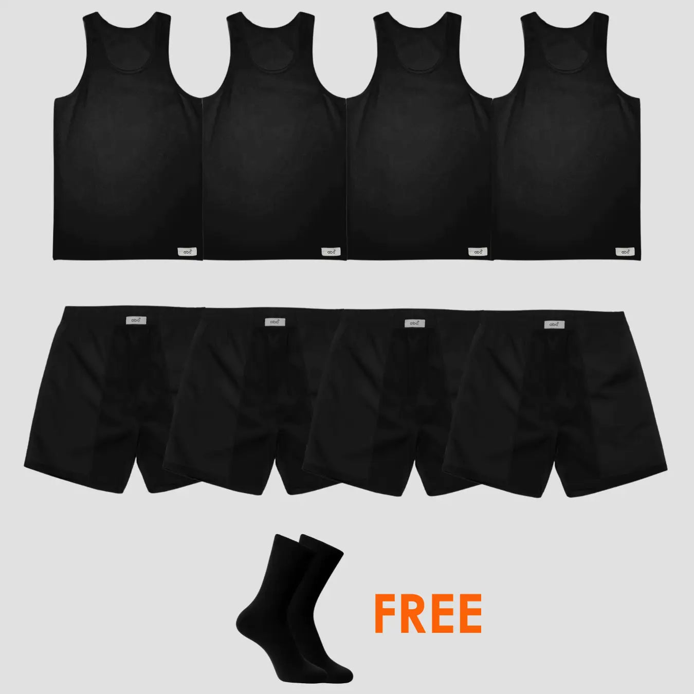 9er-Pack für Herren, 4 unterhemden , 4 Boxershorts in schwarz und Gratis-Socken von Cotton Majesty