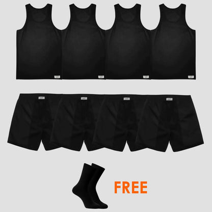 9er-Pack für Herren, 4 unterhemden , 4 Boxershorts in schwarz und Gratis-Socken von Cotton Majesty