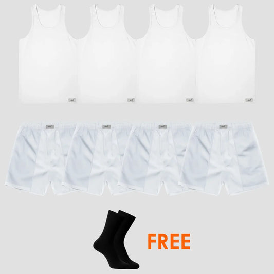 9er-Pack für Herren, 4 unterhemden , 4 Boxershorts in weiss und Gratis-Socken von Cotton Majesty