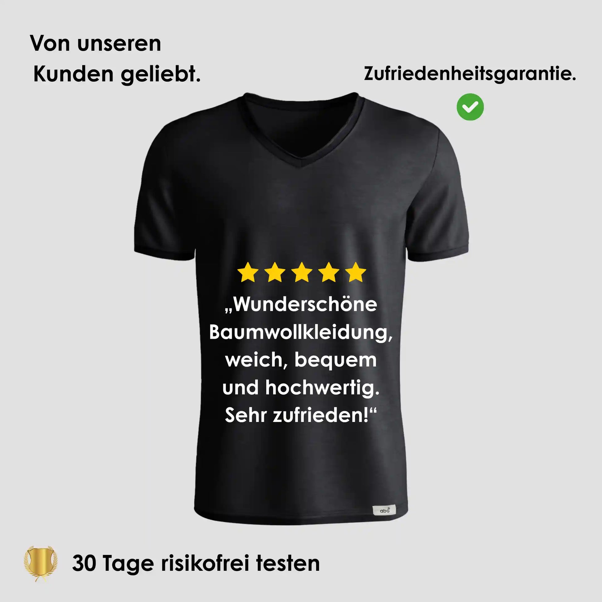 Herren Unterhemd V-Ausschnitt in Schwarz auf grauem Hintergrund mit 5-Sterne Bewertung und Hinweis auf 30 Tage risikofreies Testen.