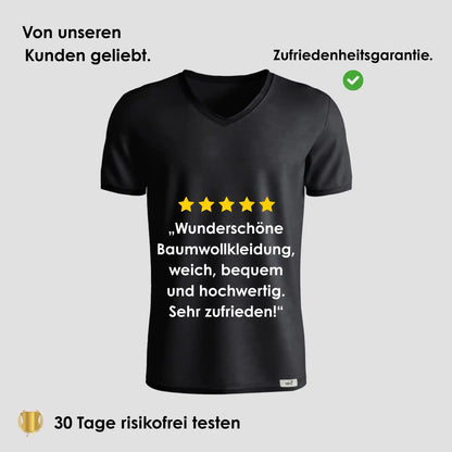 Herren Unterhemd V-Ausschnitt in Schwarz auf grauem Hintergrund mit 5-Sterne Bewertung und Hinweis auf 30 Tage risikofreies Testen.