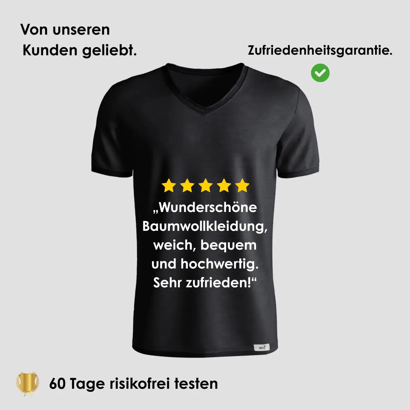 Herren Unterhemd V-Ausschnitt in Schwarz auf grauem Hintergrund mit 5-Sterne Bewertung und Hinweis auf 60 Tage risikofreies Testen.