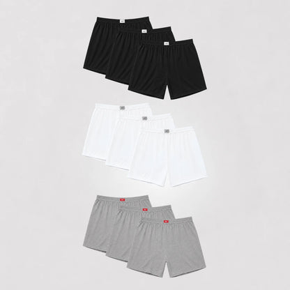 cm-pack-9 | Weite Herren-Boxershorts | 100 % Baumwolle | Weiß, Schwarz & Grau | 9er-Pack