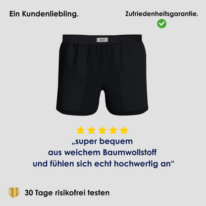 Weite Boxershorts für Herren im 2er-Pack in Schwarz auf hellem Hintergrund mit 5-Sterne Bewertung und Hinweis auf 30 Tage risikofreies Testen.