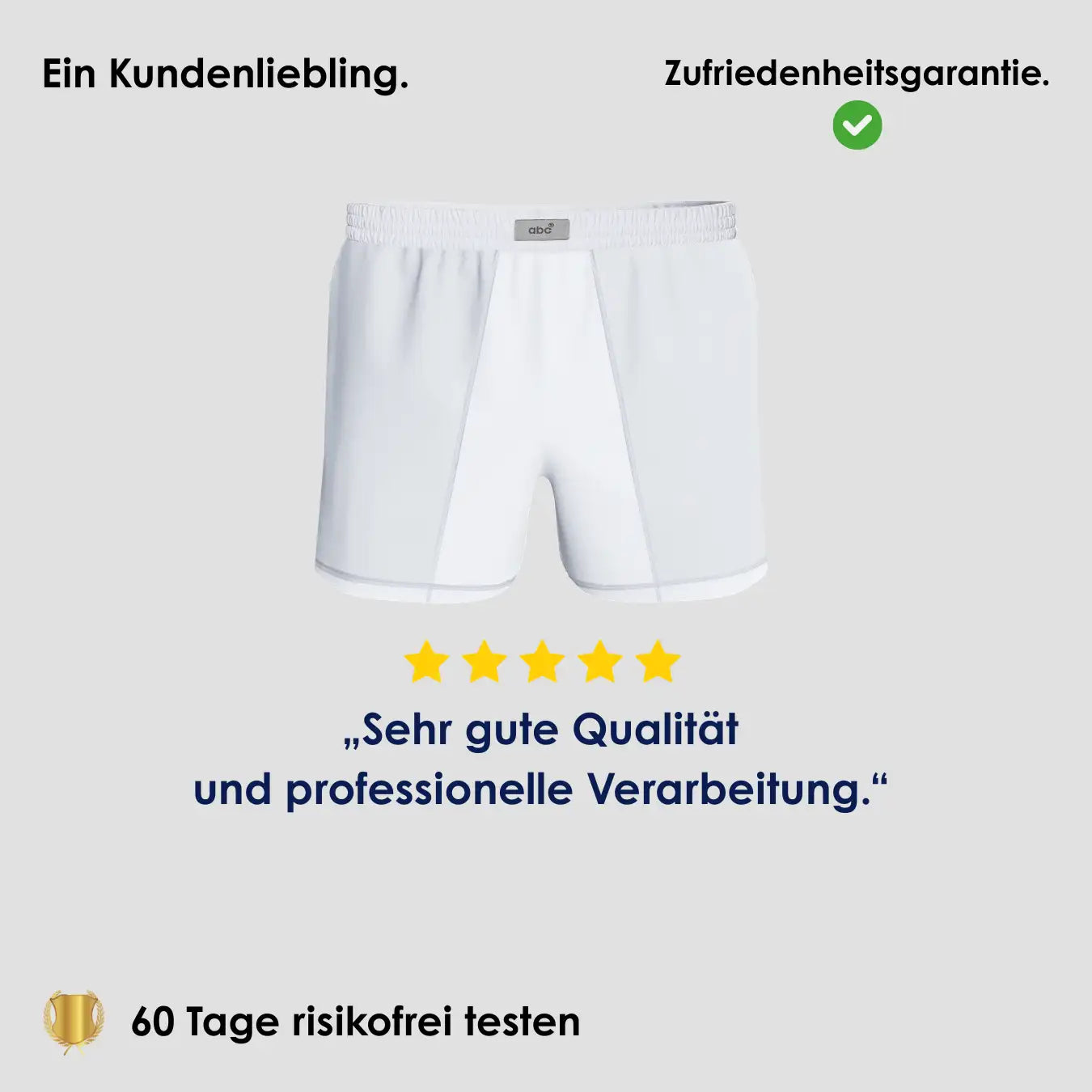 Weite Boxershorts für Herren im 2er-Pack in Weiß auf grauem Hintergrund mit 5-Sterne Bewertung und Hinweis auf 60 Tage risikofreies Testen.