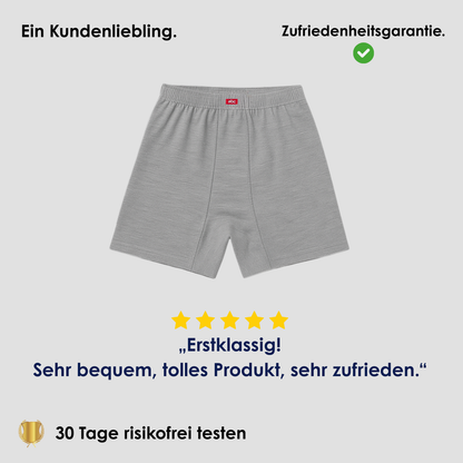 Weite Boxershorts für Herren in Grau mit elastischem Bund als Kundenliebling, 5-Sterne-Bewertung und Hinweis auf 30 Tage risikofreies Testen.